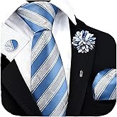 GUSLESON 3.15"(8cm) Mens Stripe Tie and Lapel Pin Necktie Hankerchief Cufflinks Set for Men