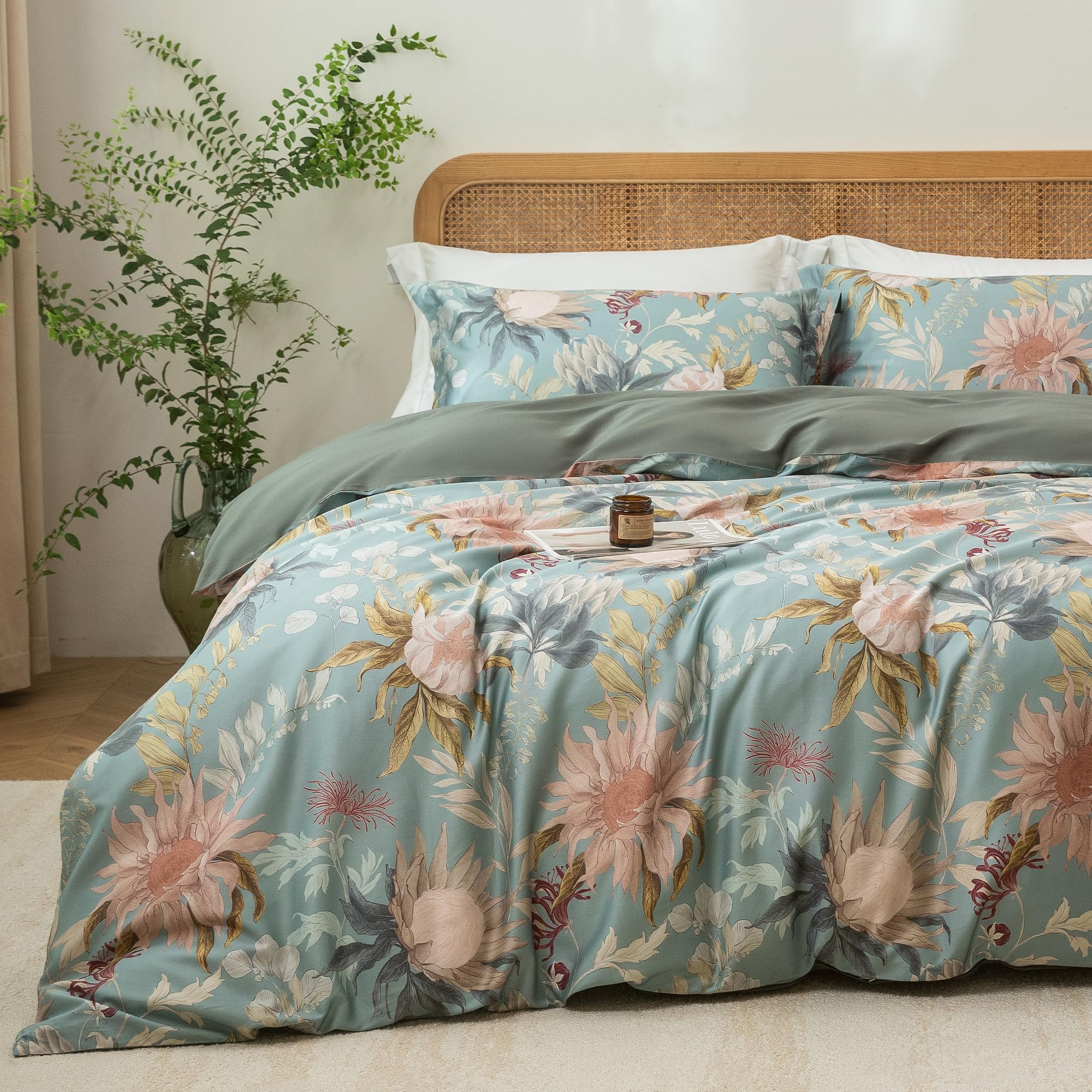 MILDLY Queen Size Duvet Cover Set 100% Long-Staple Cotton Luxury Vintage Floral Patten Reversible Comforter Cover Set 3Pcs