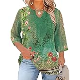 Rapbin Womens Plus Size Tops 3/4 Length Sleeve Shirts Crewneck Dressy Casual Blouses Trendy Keyhole Tunic Top XL-5XL
