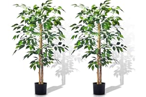 Aphighjoy Faux Plants Artificial Ficus Trees Eucalyptus Trees with Silk Leaves Fake Moss and Sturdy Nursery Pot, Fake Plants for Office Home Decor (4Ft - 2Packs, Upgraded Ficus Tree)