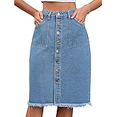 CIMUK Women's Denim Skirt Knee Length Raw Hem Button Down Pencil Skirts