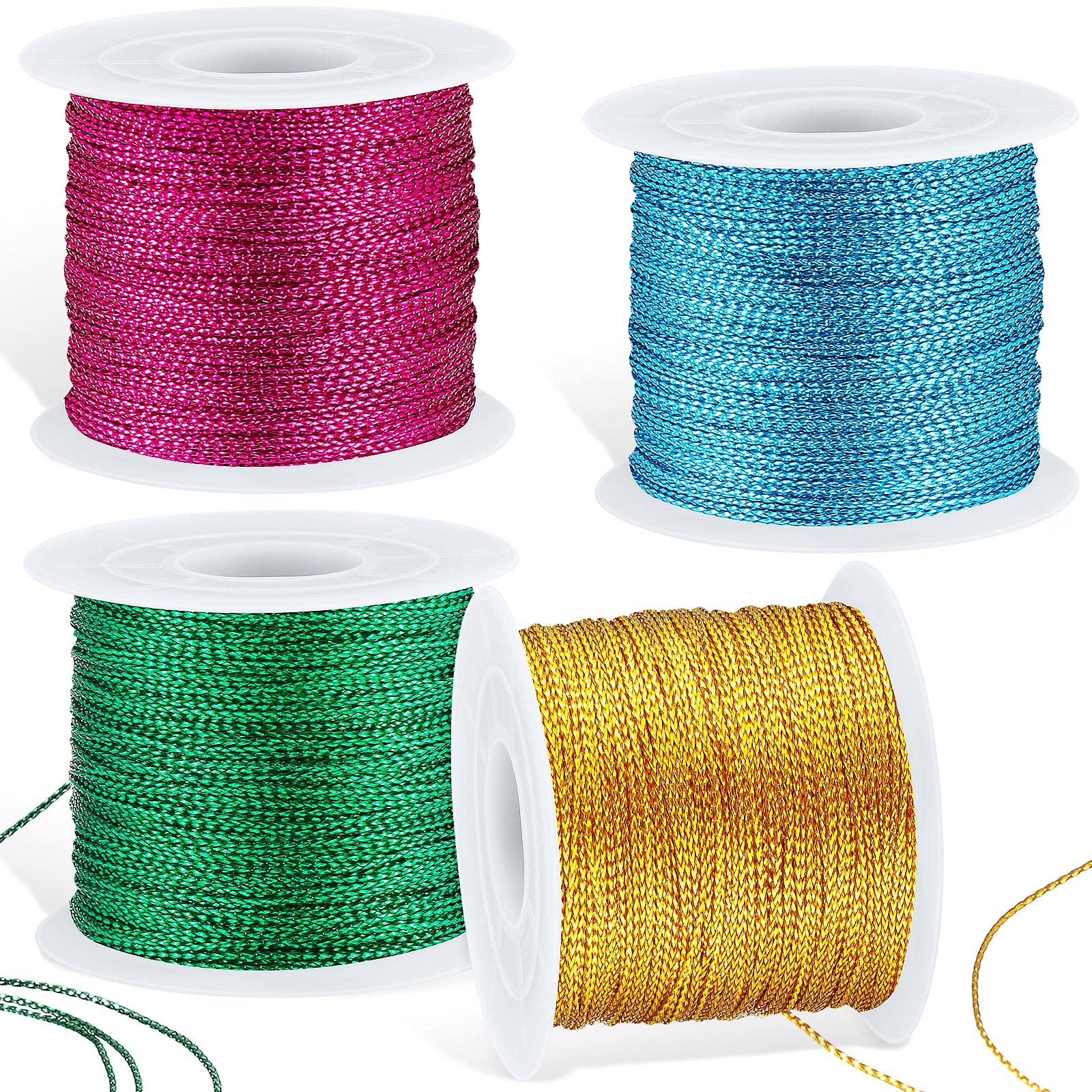 Shappy 440yards x 1mm Metallic Cord Tinsel Rope for Gift Wrapping and Craft DIY, Ribbon Wrap Thread Tag Cord for Craft Making(Rose, Lake Blue, Grass Green, Gold)