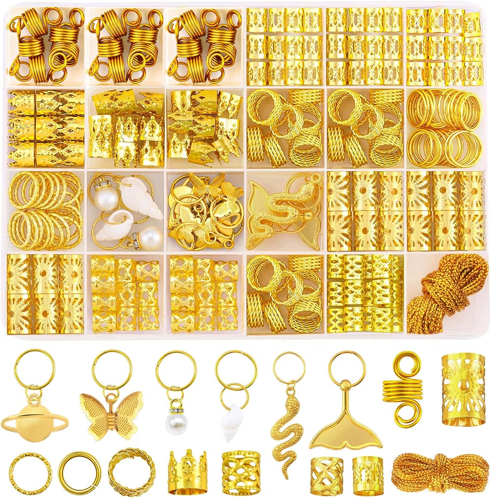 JOLCEEY 225pcs Gold Hair Jewellery Beads Cuffs Charms Rings for Braids