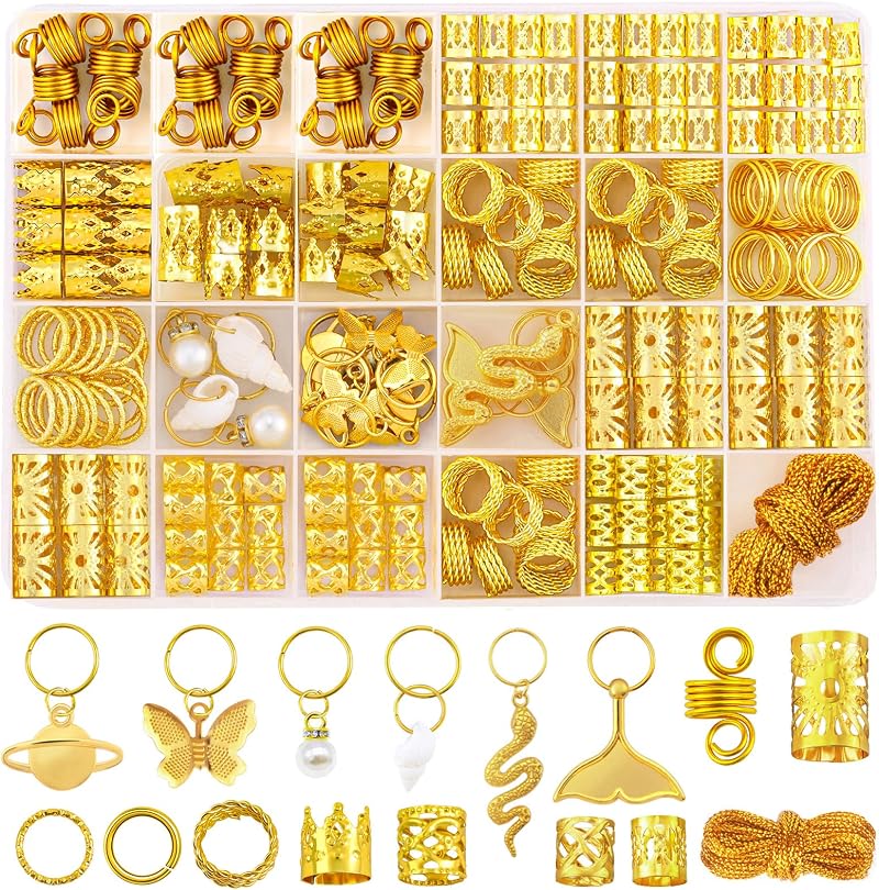 JOLCEEY 225pcs Gold Hair Jewellery Beads Cuffs Charms Rings for Braids