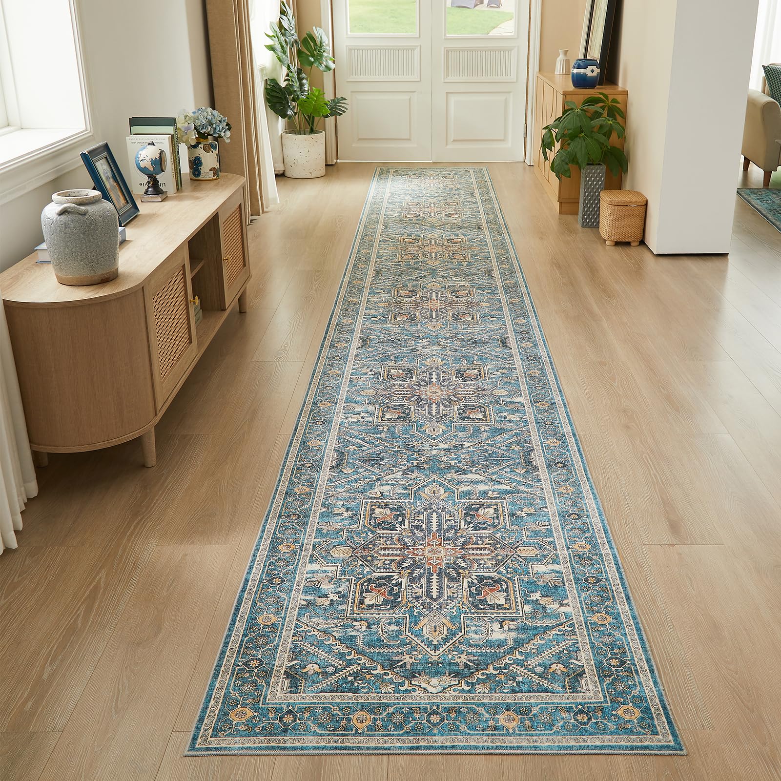 Photo 1 of WITSHOCK 3x20 Extra Long Runner Rug for Hallway: Washable Boho Low Pile Stain Resistant Foldable Floor Carpet for Bedroom Entryway Bathroom Kitchen, Neutral Distressed Farmhouse Rug, Grey, 36?x240?