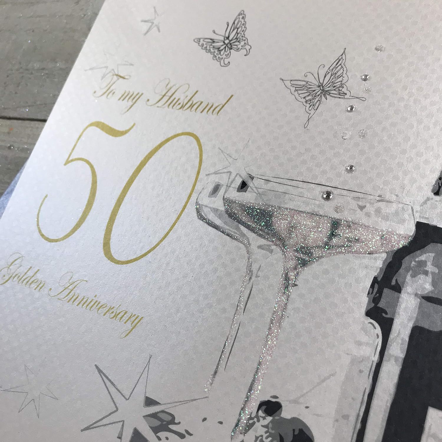 white cotton cards Large to My Husband Golden Wedding, Handmade 50th Anniversary Card, White, XLBD50H, 22cm x 22cm - Image 3