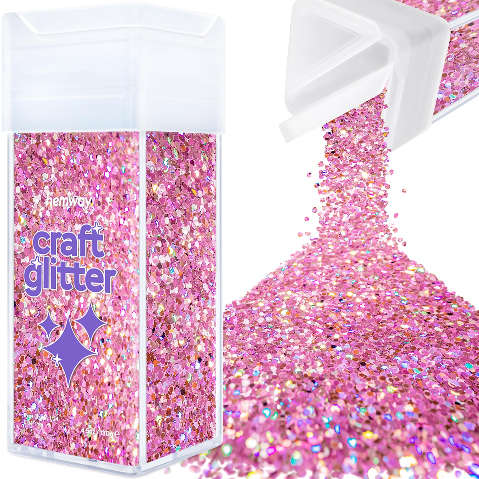 Hemway Glitter Shaker Pink Holographic 110g Extra Chunky, Craft Glitter Shaker for Resin & Epoxy Crafts, Christmas Art Supplies, Nail, Body, Face, Eye, Festival, Crafting, Slime, Sparkle
