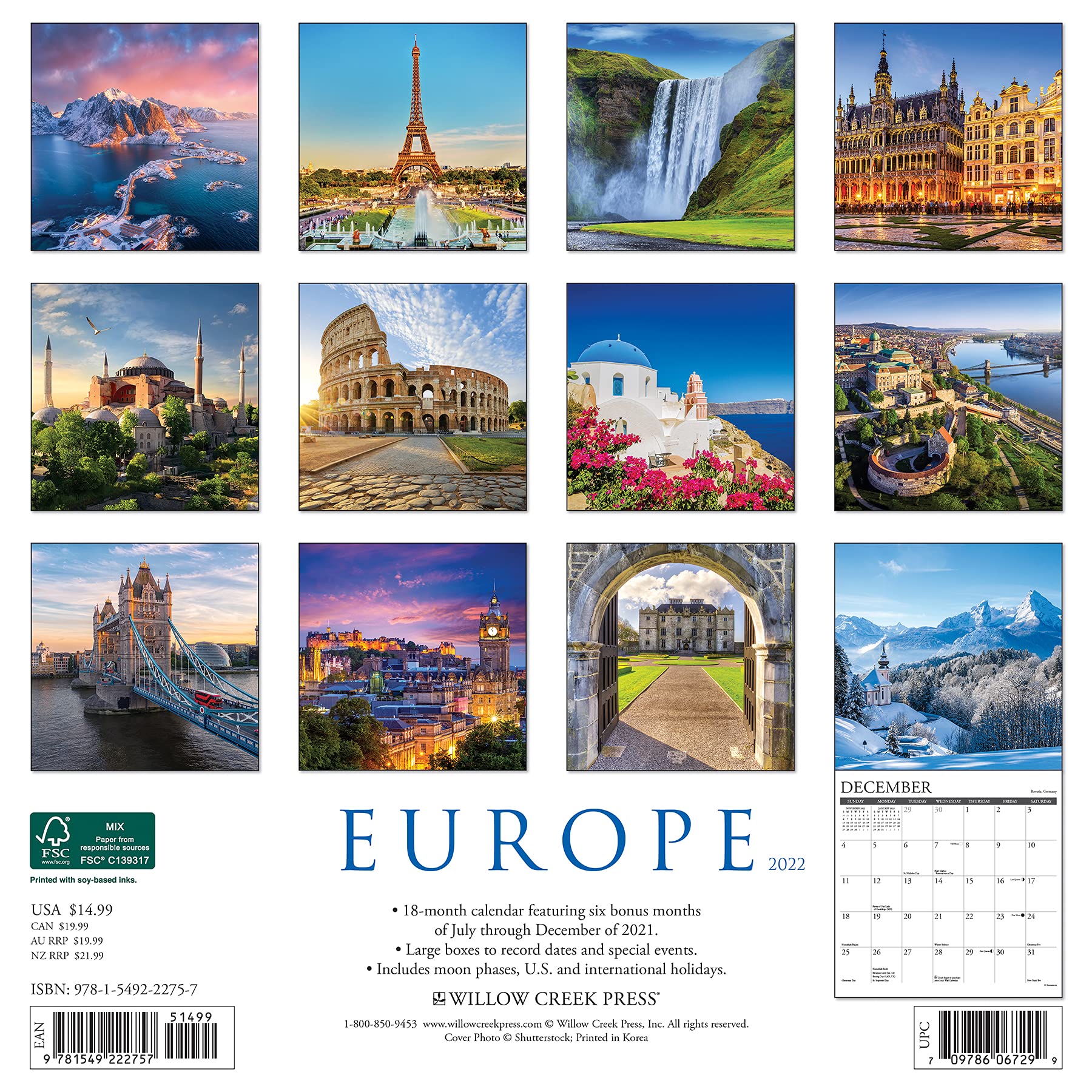 European Calendar 2022 Europe 2022 Wall Calendar: Willow Creek Press: 9781549222757: Amazon.com:  Books