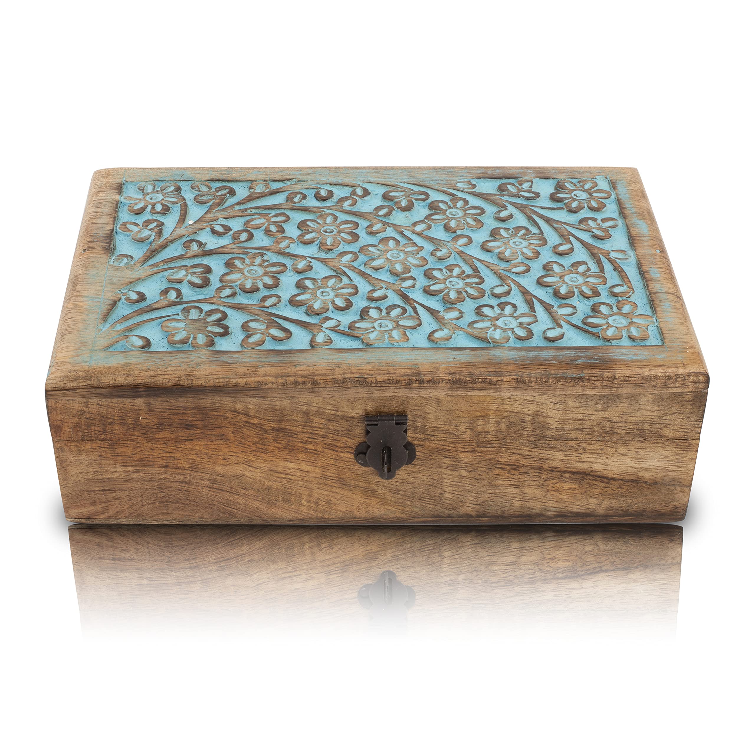 Great Birthday Gift Ideas Handmade Decorative Wooden Jewelry Keepsake Box With Lock & Key Jewelry Organizer Treasure Chest Trinket Holder Watch Storage Lock Box Housewarming Gifts (Blue)