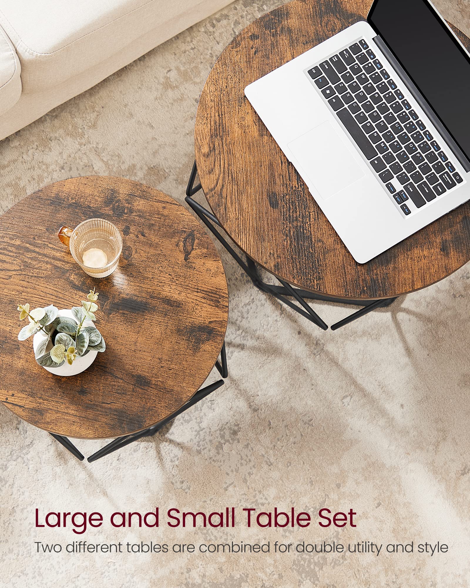 VASAGLE Small Coffee Table Set of 2, Round Coffee Table with Steel Frame, Side End Table for Living Room, Bedroom, Office, Rustic Brown and Ink Black