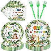 96 Pcs Dinosaur Birthday Party Supplies, Cute Dinosaur 1st Party Plates and Napkins for 24 Guests Boys Kids, Disposable Plates for 1st Birthday Celebration