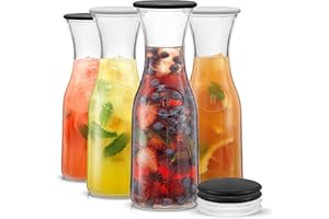 JoyJolt Glass Carafe with Lids. 4 Glass Carafes for Mimosa Bar 36 oz Capacity. 8 Lids! Brunch Decorations, Bedside Water Carafe, Orange Juice Container, Catering Drink Carafes & Pitchers for Parties