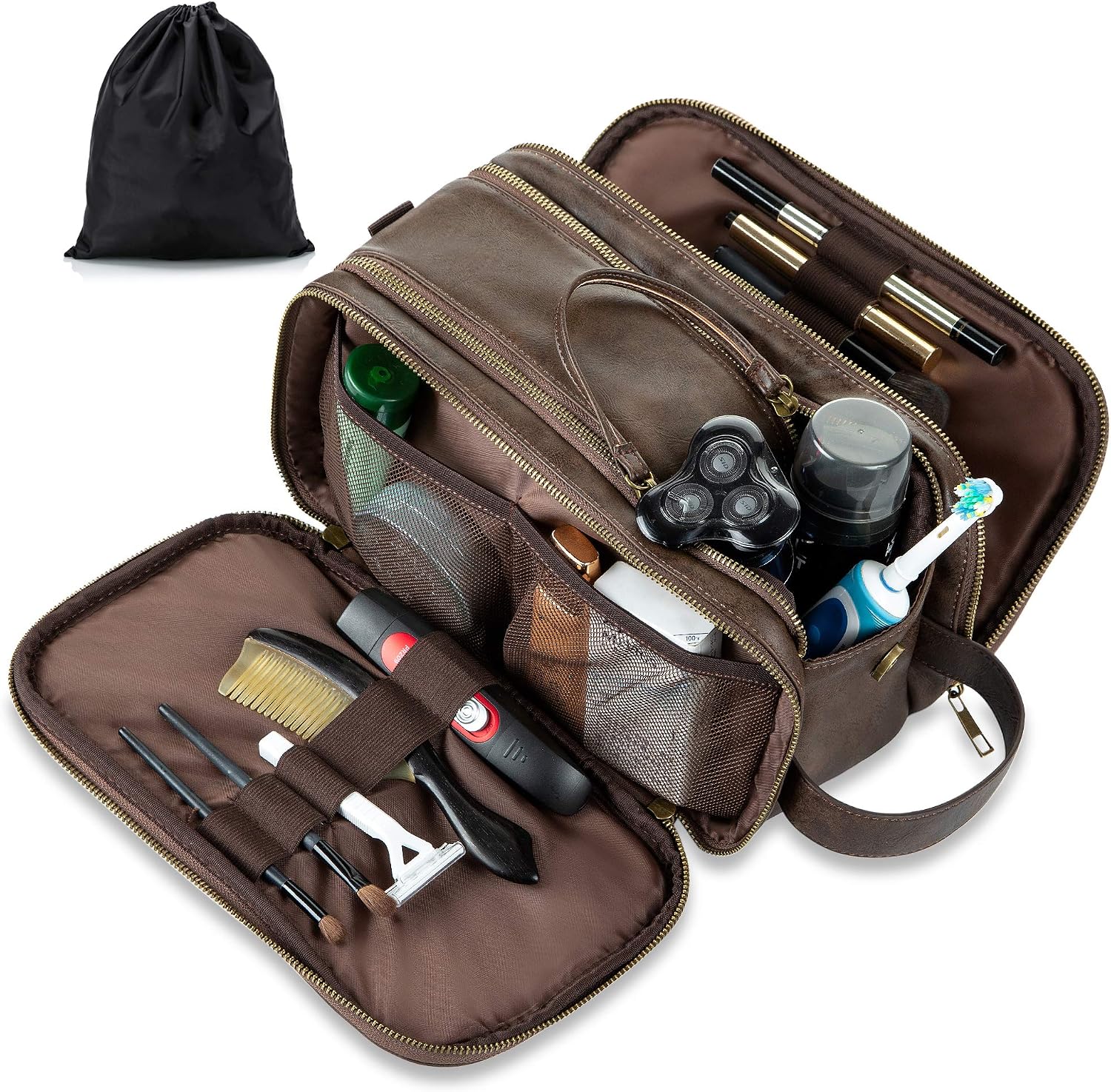 Elviros Water-Resistant PU Leather Toiletry Bag for Men Large Travel Wash Bag Shaving Dopp Kit Bathroom Gym Toiletries Makeup Organizer with Wet Dry Bag,Gift for Men(Chocolate-Small)