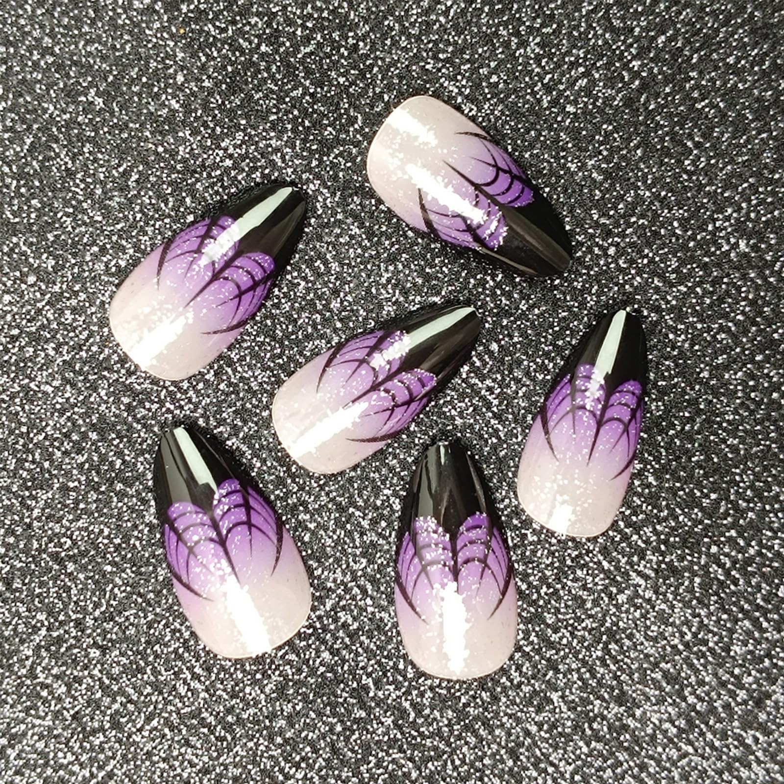 Halloween Press on Nails Short Almond Fake Nails Black Spider Web French Tip Acrylic Glue on Nails Full Cover Purple Gradient False Nail Stick on Nails Glossy Shiny Glitter False Nail for Women 24Pcs - Image 4