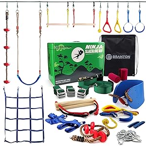 Ninja Warrior Obstacle Course for Kids - Ninja Slackline 50' with 10 Accessories for Kids, Includes Swing, Obstacle Net Plus Grip Tape - Have Fun, Keep Fit and Become a Ninja Warrior - Ninja Line