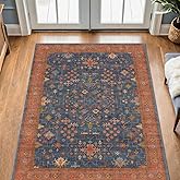 Large 3x5 Kitchen Rug Non Slip Machine Washable, Throw Rugs for Entryway Indoor, Floor Mat, Home Office Under Chair - Stain Resistant Non Skid Rubber Backing, Tribal Farmhouse Décor (3x5 Navy Blue)