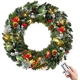 JOYIN 24'' Prelit Christmas Wreath, Artificial Wreath with Warm White Lights, Red Berries, Pine Cones, Remote, 8 Lighting Modes and Timer for Front Door, Wall, Mantel Holiday Xmas Indoor Decor