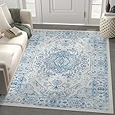 jinchan Area Rug 5x7 Medallion Floral Washable Rug Accent Floor Cover Non Slip Living Room Vintage Mat Retro Thin Soft Carpet for Bedroom Dining Room Kitchen Distressed Blue