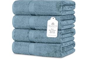 Villa Celestia 600 GSM 100% Cotton Bath Towels, Blue, Set of 4, Highly Absorbent, Plush, Soft, Quick Dry, 4 Pieces Combed Cotton Luxury Towels for Hotels, Spa, Salon, Bathroom, Dorm, Pack of 4
