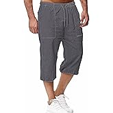 HangNiFang Men's Long Linen Shorts Below Knee Pocketed 3/4 Summer Drawstring Capri Pant