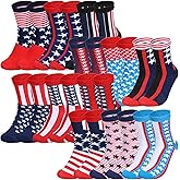 Outus 12 Pairs American Flag Socks for Men Patriotic Crew Stars and Stripes Dress White Red and Blue Veteran Military Cotton Socks for Memorial