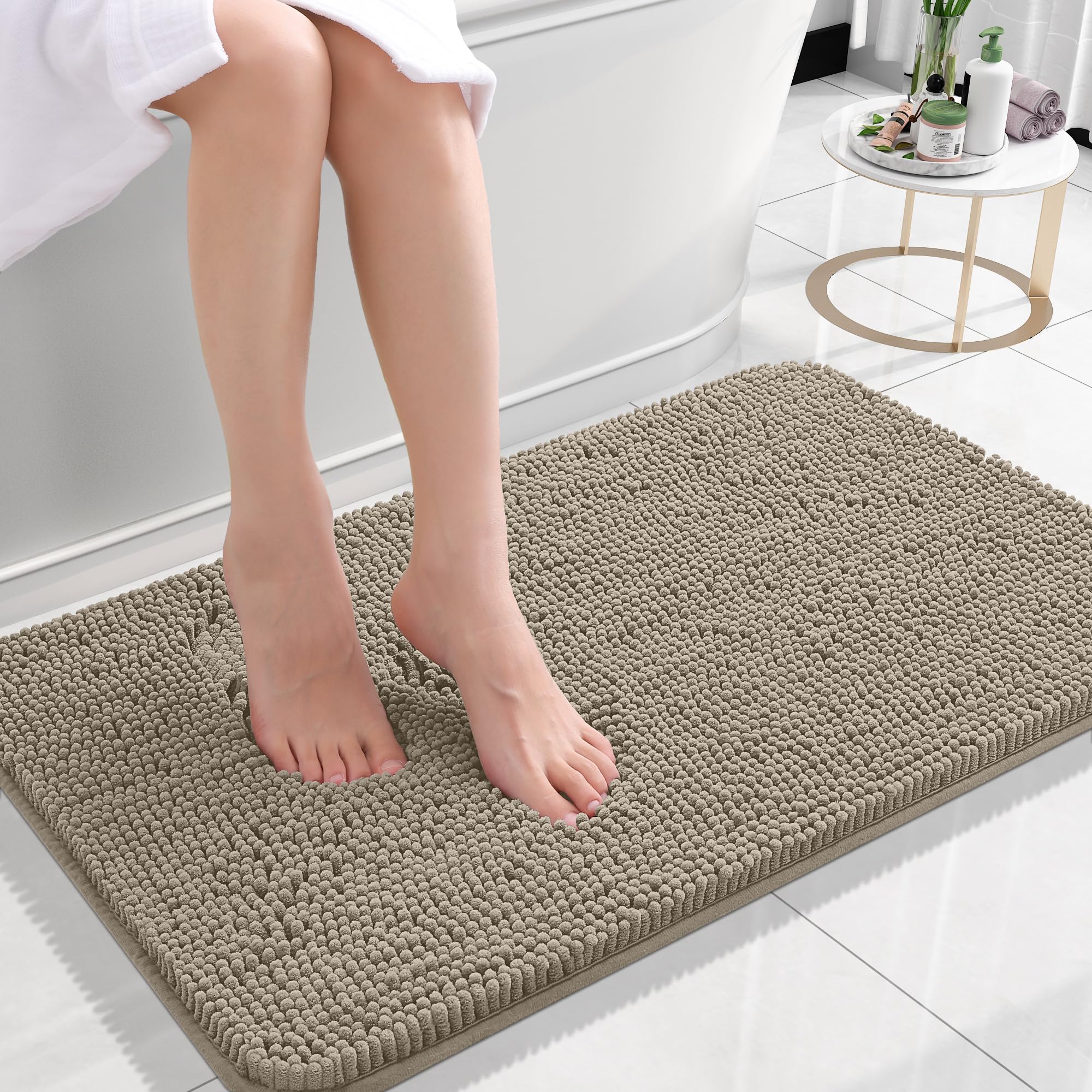 Photo 1 of OLANLY Bathroom Rugs 24x16, Extra Soft Absorbent Chenille Bath Rugs, Rubber Backing Quick Dry, Machine Washable Bath Mats for Bathroom Floor, Tub and Shower, Home Decor Accessories, Warm Taupe