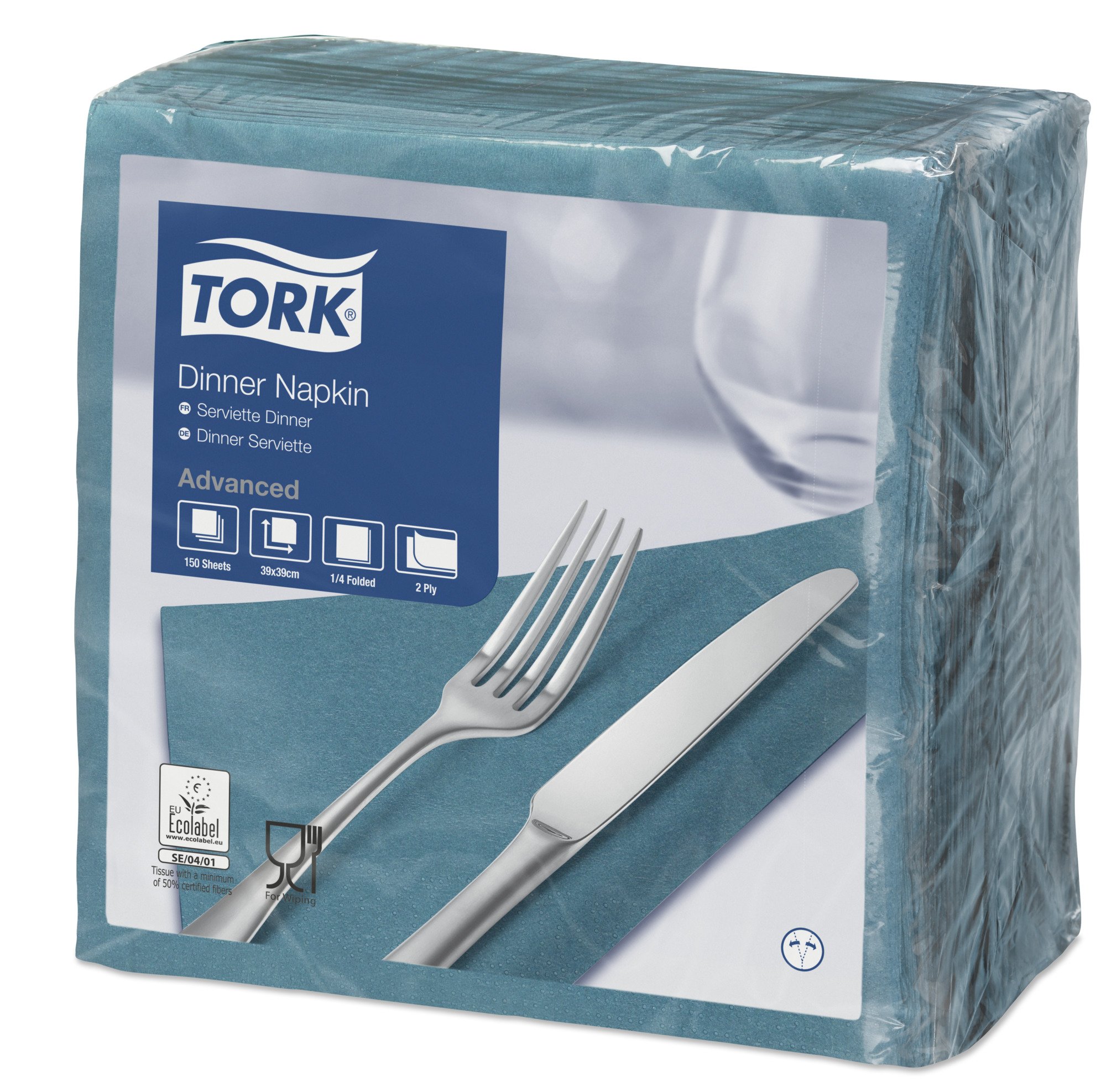 SCA Tork 477906 Dinner Napkin, Double Layer, 4 Compartment, 39 x 39 cm, Teal (Pack of 1800)