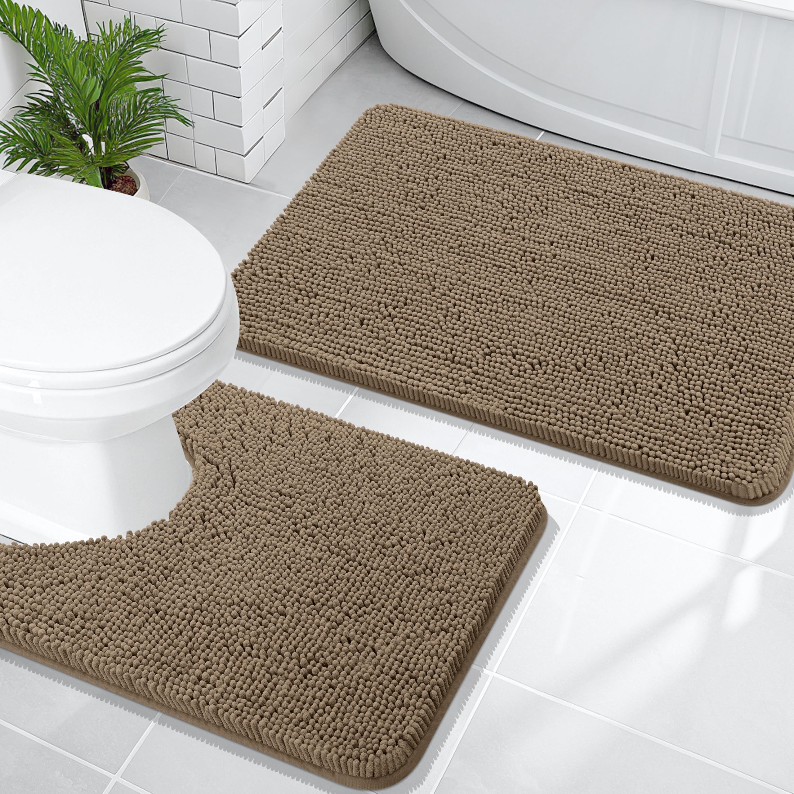 Photo 1 of OLANLY Bathroom Rugs Sets 2 Piece, Soft Absorbent Chenille Bath Mats and U-Shaped Contour Toilet Mat Area Rug Set, Machine Washable Bath Carpet, Home Decor Accessories(30"x20"+24"x20", Tan)