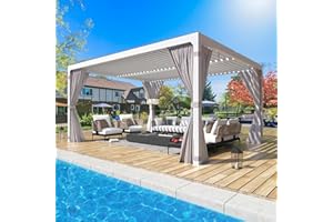 YOLENY Louvered Pergola 10x12, All Aluminum Pergola with Adjustable Rainproof Roof, Outdoor Pergola with Curtains and Nets for Patio & Garden, White