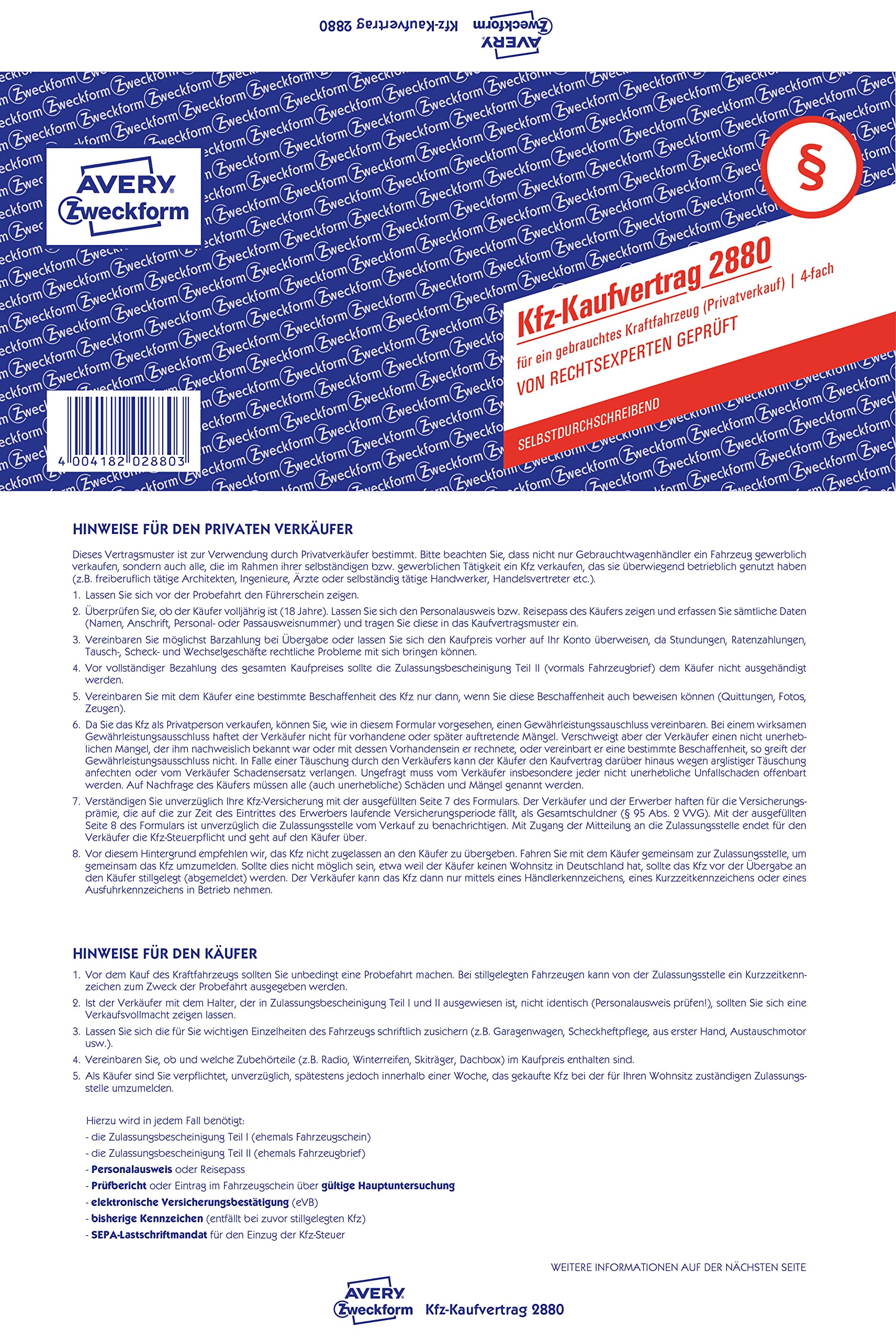 Avery Template 2880 Purchase Agreement (for Used Cars, A4, self-Copying) 5 Pieces, Blue (German Language)