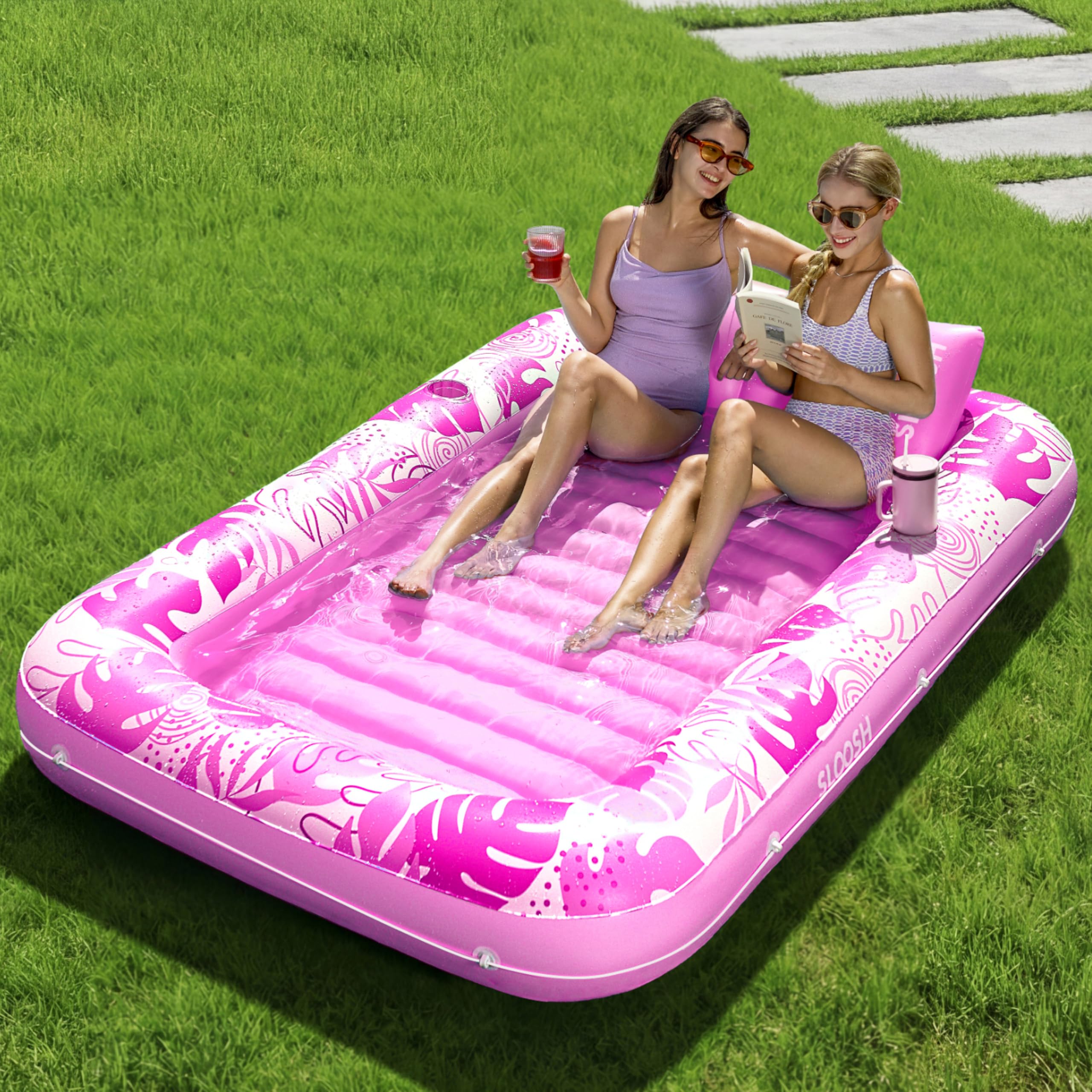 SLOOSH Inflatable Tanning Pool Lounger Float, 85" x 57" Extra Large Pool Floats Adult with Pillow, 4 in 1 Suntan Tub Raft Floatie,Sunbathing Bed Lounge for Water Blow Up Ball Pit Party Gifts, XL-Pink