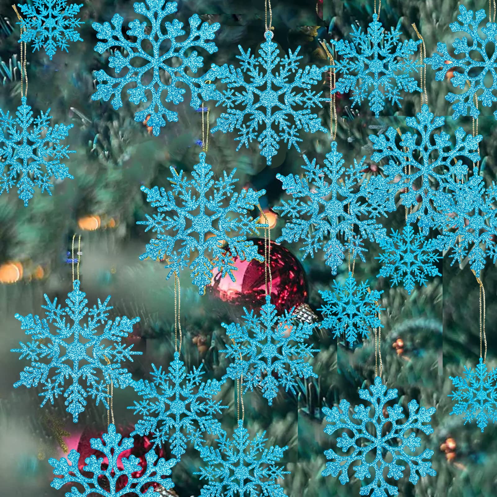 Photo 1 of 36 Pack Plastic Blue Snowflake Ornaments Christmas Winter Decorations, Hanging Snowflake Decorations for Winter Wonderland Christmas Tree