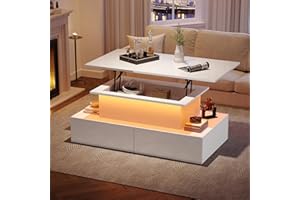 Merax Lift Top Coffee Table with 4 Drawers, High Gloss Coffee Table with Light, Height Adjustable Center Table, Storage Sofa 