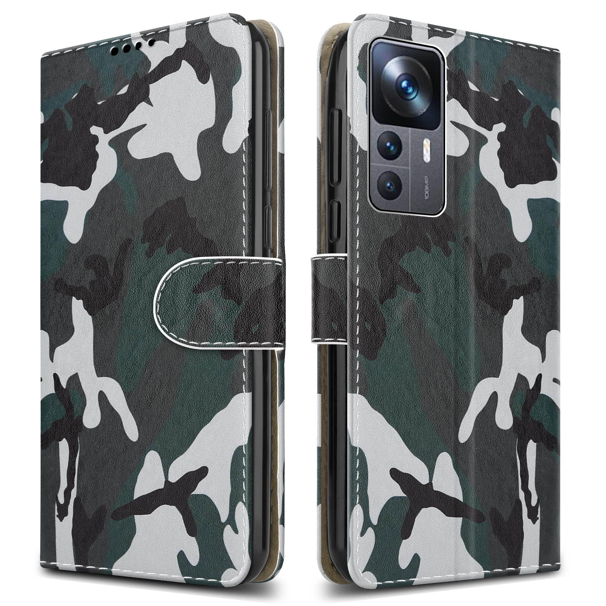 For Xiaomi 12T & 12T Pro Leather Phone Case, Magnetic Closure Full Protection Book Folio Design, Wallet Case Cover [Card Slots] and [Kickstand] For Xiaomi 12T & 12T Pro (5G) - Camouflage
