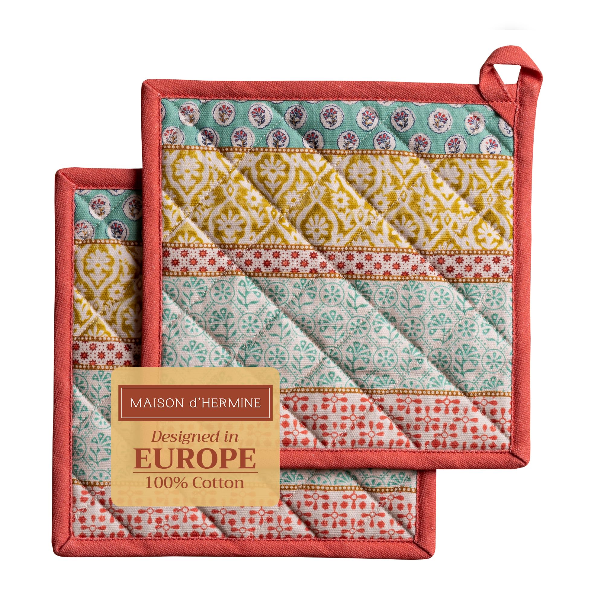 Maison d' Hermine Pot Holders Set 100% Cotton Heat Resistant Potholders 20 cm x 20 cm Hot Pads with Loop for BBQ Cooking Baking Handling Hot Pans Gifts for Mothers Day (Pack of 2, Provence)