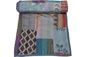 Marubhumi Handmade Cotton Quilts Kantha Blanket Indian Silk Sari Patchwork Quilts (Grey, Baby (40"x 60"))
