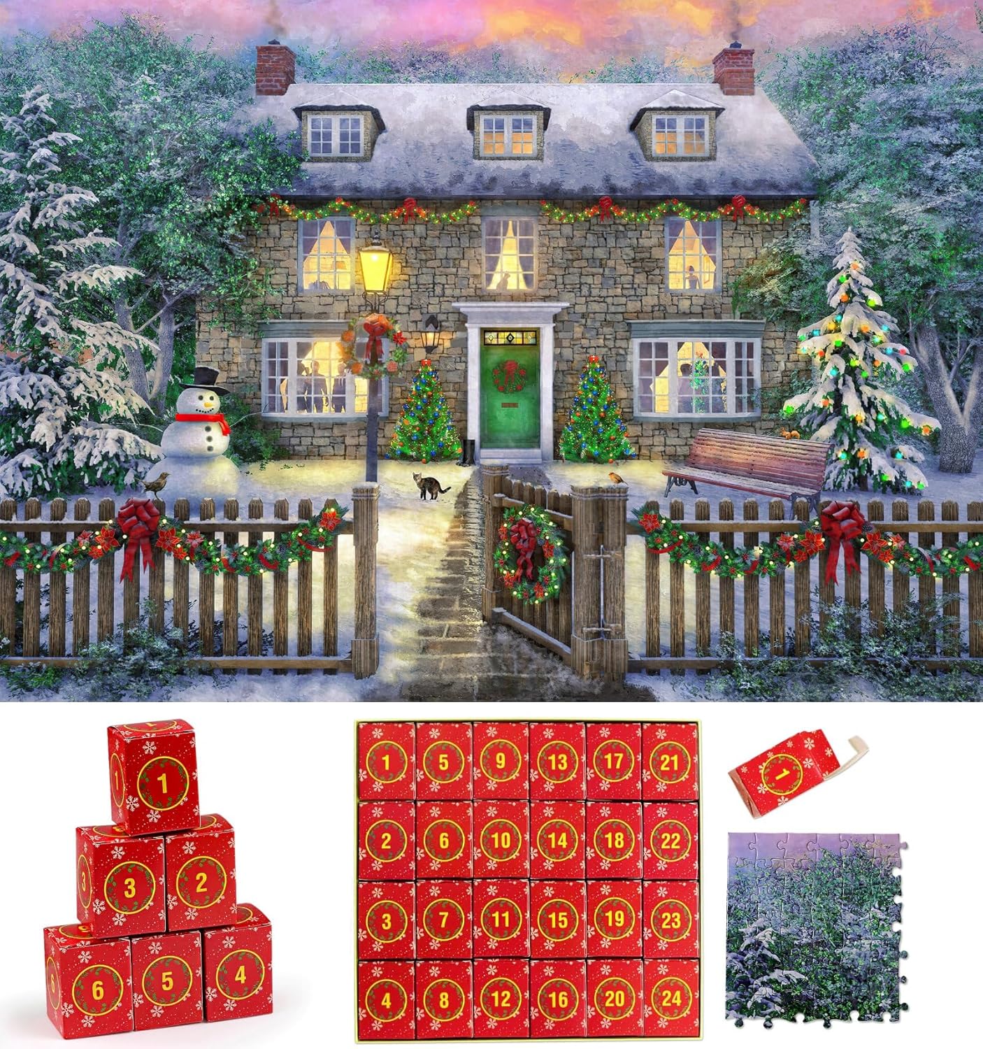 Advent Calendars - Wowok Advent Calendar 2023 Christmas Jigsaw Puzzles- The Christmas Cottage Holiday Puzzles for Adults Kids, 24 Parts 1008 Pieces Jigsaw Puzzles Gift for Countdown to Christmas