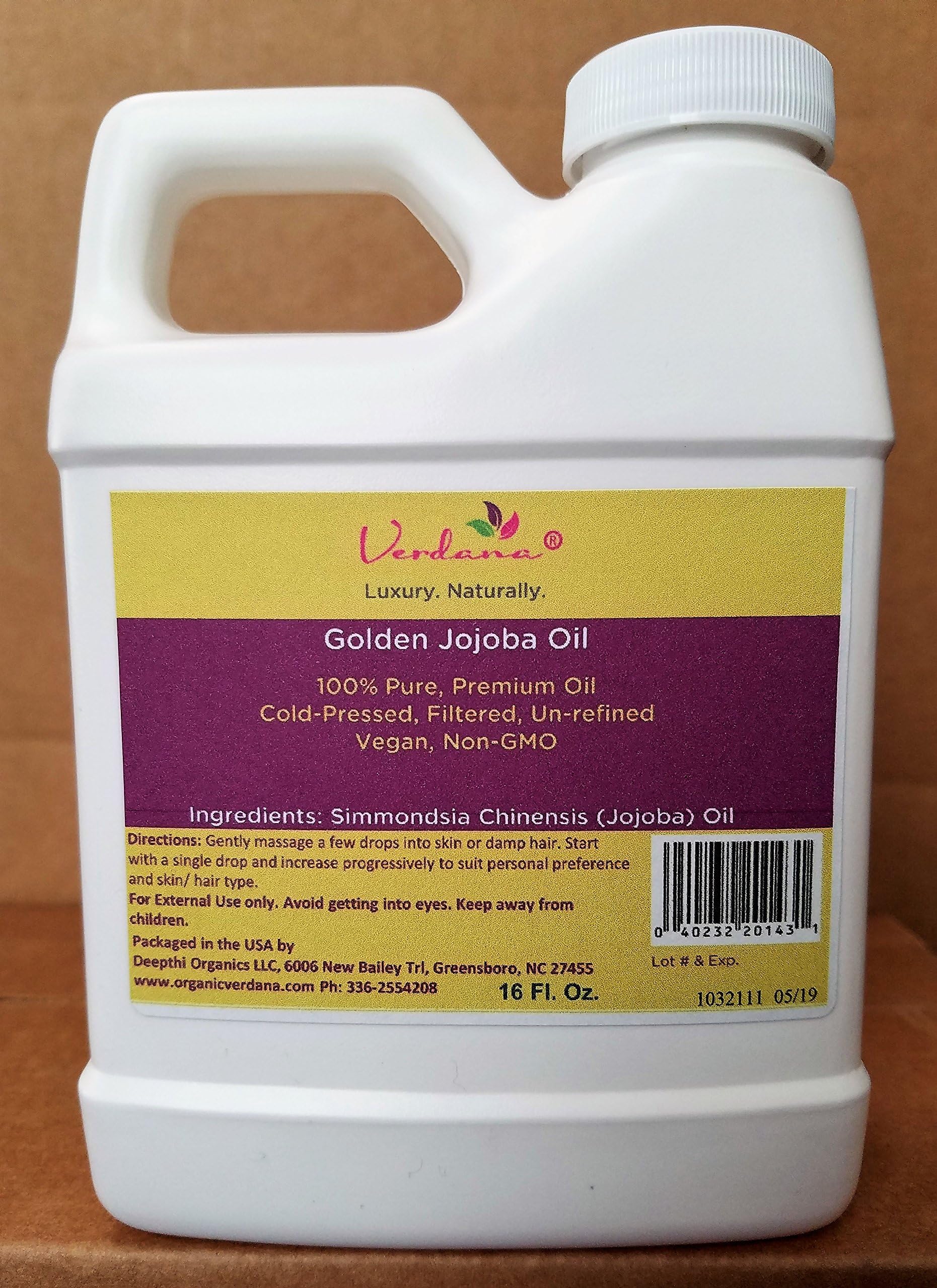Verdana Golden Jojoba Oil - 16 Fl oz - Premium Quality Grade - 100% Pure Cold Pressed Unrefined Multiple Filtered Natural – Cosmetic Grade – Great for Skin/Hair Formulations