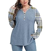 OLRIK Plus Size Tops for Women 2025 Fall Plaid Long Sleeve Henley Shirts Casual V Neck Button Tunic Tops