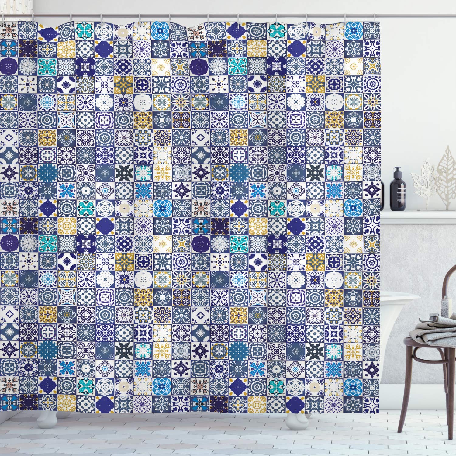 ABAKUHAUS Moroccan Shower Curtain, Mediterranean Square Tile Motifs Pattern Vintage Traditional Composition, Cloth Fabric Bathroom Decor Set with Hooks, 94 Inches, Multicolor