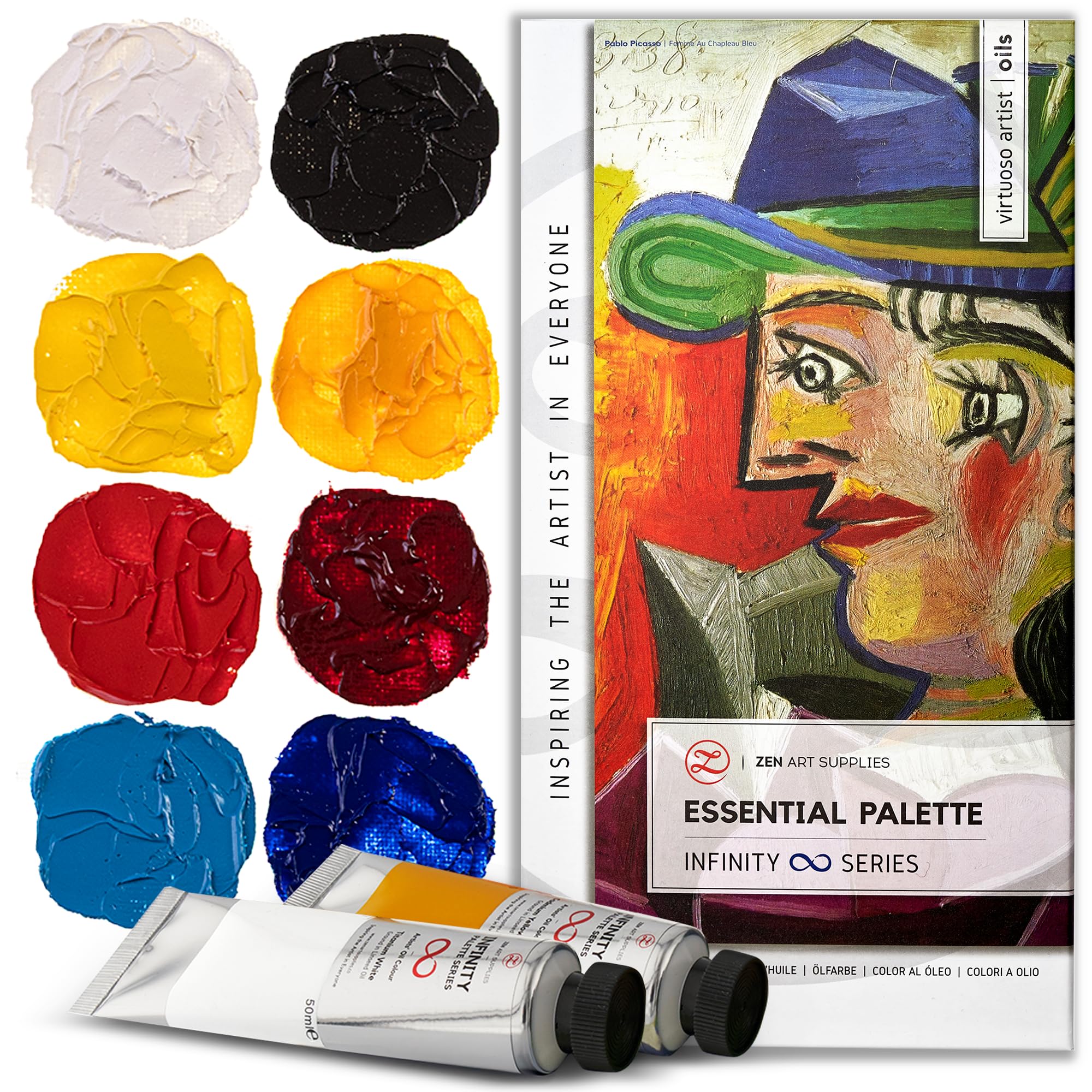 Essential Palette by ZenART - Primary Colour Pairs - Professional Oil Paint Set - 8 x Large 50ml Tubes - Non-Toxic, Highly Pigmented, Creamy, Lightfast Oil Paints for Eco-Conscious Artists