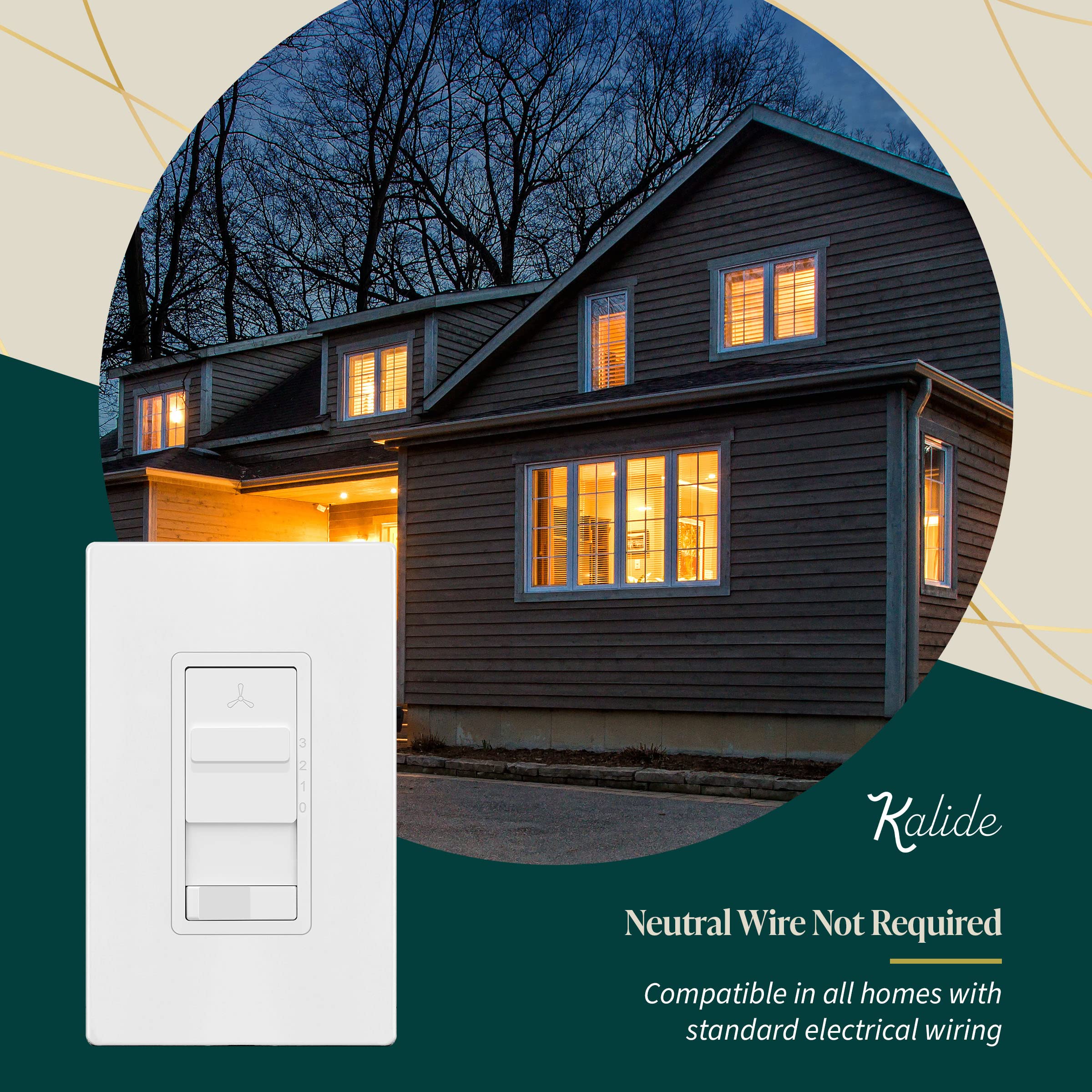 TOPGREENER Kalide Light Switch and 3-Speed Ceiling Fan Control Combo, in Wall Light and Fan Combination Switch, Single Pole, 2.5A, 720W, Neutral Wire Not Required, TGSFS3-W, White