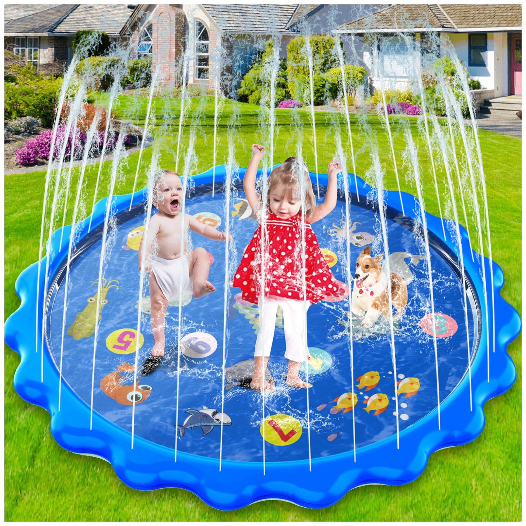 Toddler Toys - Splash Pad, 68"/170cm Sprinkler & Splash Play Mat for Toddlers Dogs, Inflatable Outdoor Sprinkler Pad Wading Pool with 5 Patches for Kids Age 3+, Water Toys for Summer Garden Beach