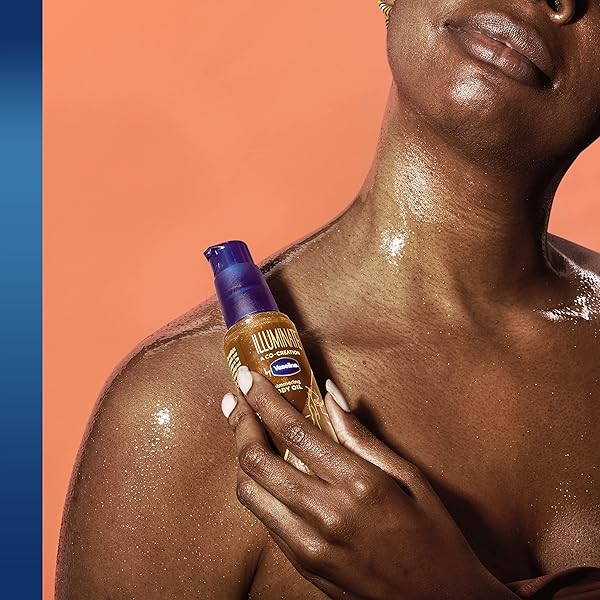 VASELINE ILLUMINATE ME SHIMMERING BODY OIL CREATED FOR MELANIN RICH SKIN, ILLUMINATES SKIN WITH FINISHING TOUCH OF SHIMMER FOR GLOWING SKIN 3.3 OZ