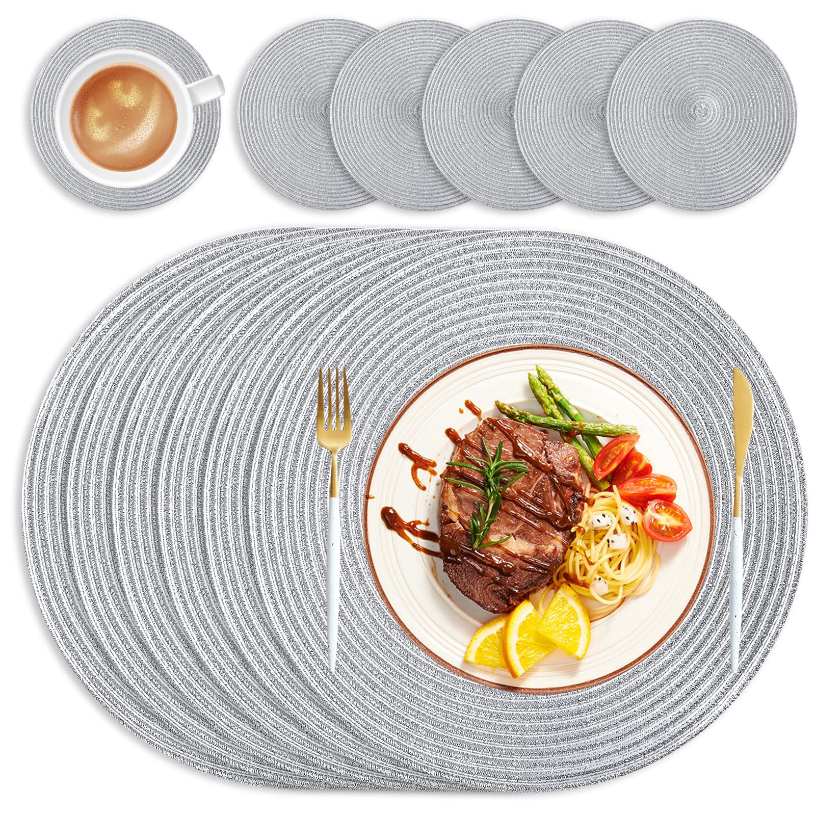 wiipara Round Woven Placemats Set of 6 Heat Resistant Round Braided Table Mats, 34 cm Washable Placemats and Coaster Sets for Dining/Kitchen Table, Party, Wedding, Silver