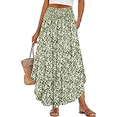 ANRABESS Women's Maxi Skirts Summer Boho Floral High Waisted Flowy Swing Pleated Beach Long Skirt with Pockets