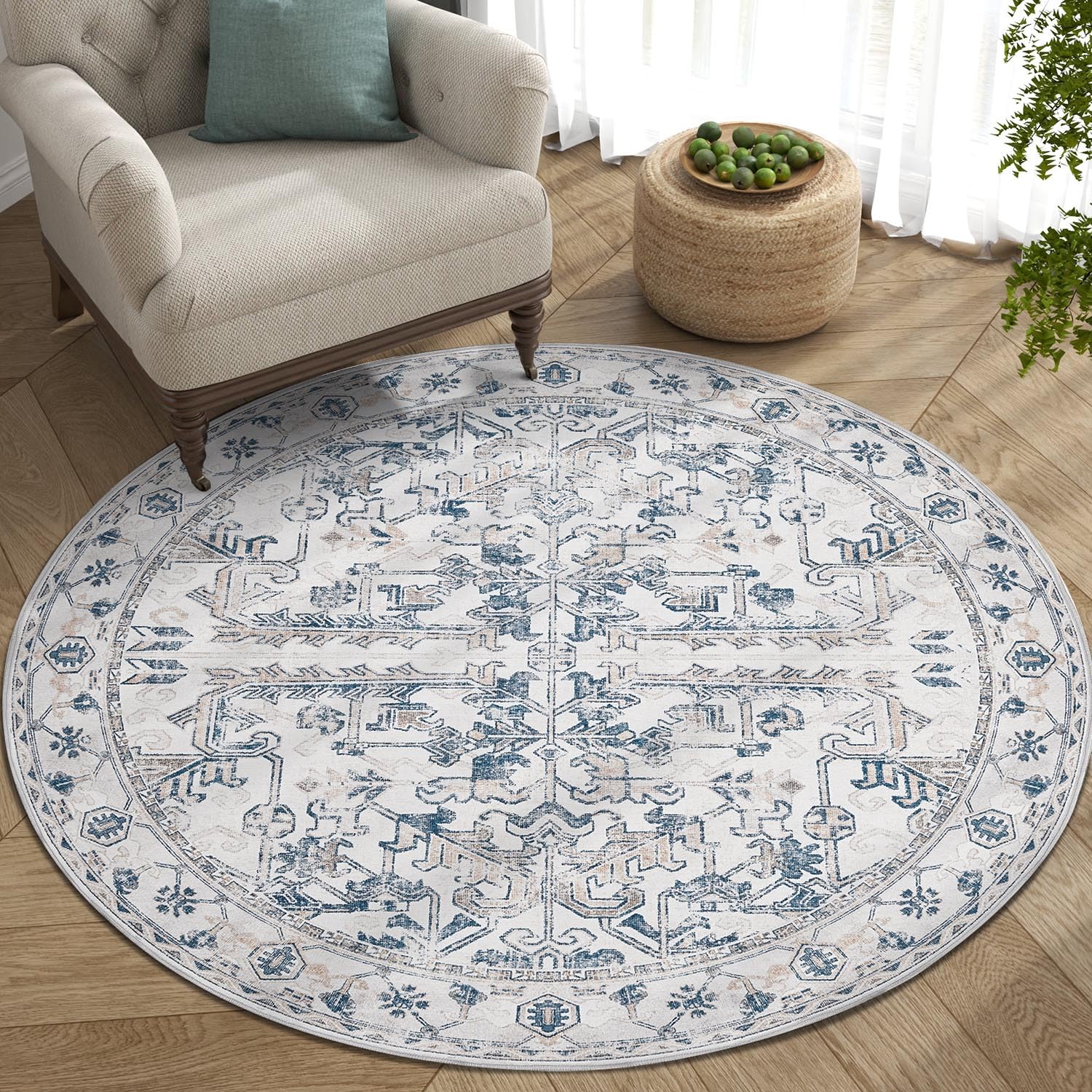 Photo 1 of jinchan Round Rug 5ft Vintage Machine Washable Area Rug Kitchen Indoor Circle 5' Ultra-Thin Non-Slip Floral Print Carpet for Farmhouse Entryway Dining Room Living Room Bedroom Office (5'Round,Blue)