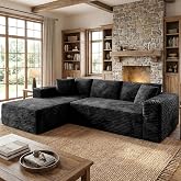 Shintenchi 103" Boneless Couches for Living Room with 2 Cup Holders,L Shaped Modular Sectional Sofa Set,No Assembly Needed Plush Corduroy Living Room Set,Black