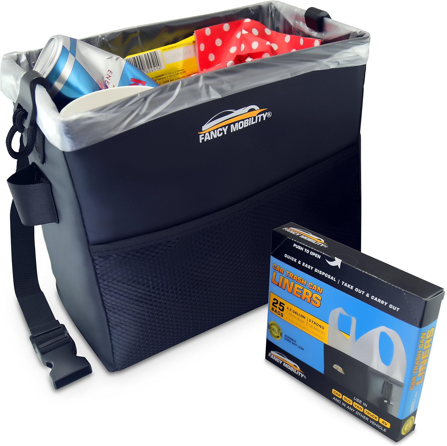 Fancy Mobility Car Trash Can – Auto Accessories Garbage Bag Keeps Car, SUV, Truck Vehicle Interior Clean – Road Trip Essential - Perfect for Every Driver + Dispenser Pack of 25 Liners