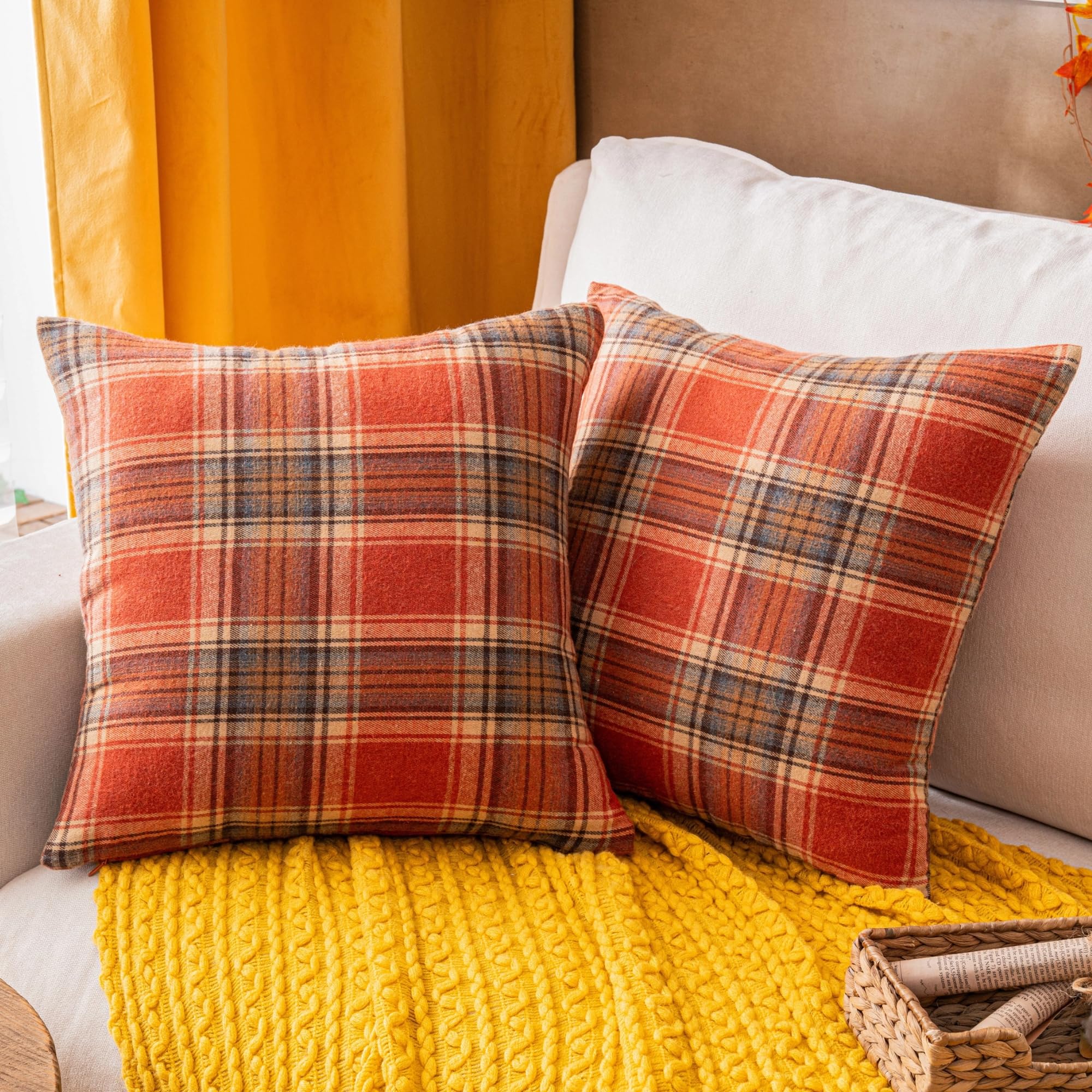 Photo 1 of AQOTHES Fall Plaid Orange Throw Pillow Covers 22x22 Inch, Set of 2 Autumn Decorative Throw Pillows for Couch Sofa Bed Living Room Home Decor, Accent Pillow Cases for Farmhouse Couch Cushion Covers